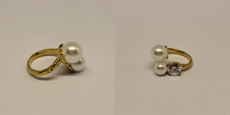 Anel dourado aberto com duas pérolas nas pontas e cristal aplicado — ref. ANL0113A