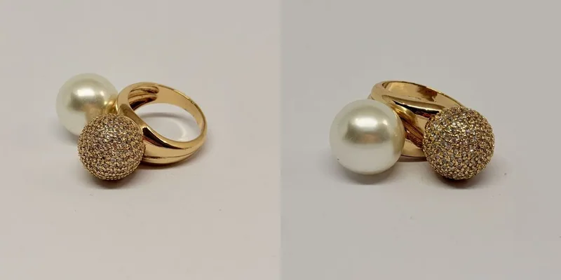 Anel dourado com pérola grande e cúpula cravejada lado a lado — ref. ANL0040A