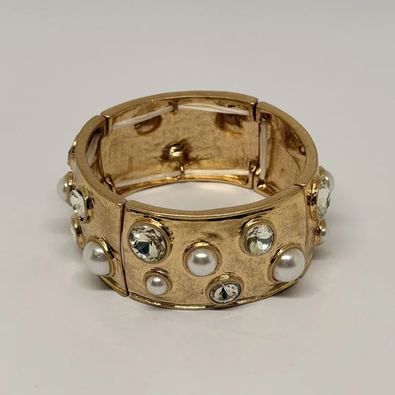 Bracelete dourado fosco com pérolas e cristais redondos incrustados